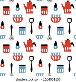 Seamless vector pattern with kitchen utensil. Mid century modern style. Good for print.