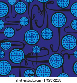 Seamless vector pattern of kitchen utensils colander on a blue background. Big and small.