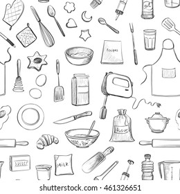 
Seamless vector pattern of kitchen utensils and ingredients for baking