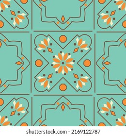 Seamless Vector Pattern With Kitchen Wall Tile On Blue Background. Simple Geometrical Home Decor Wallpaper Design. Decorative Vintage Fashion Textile.