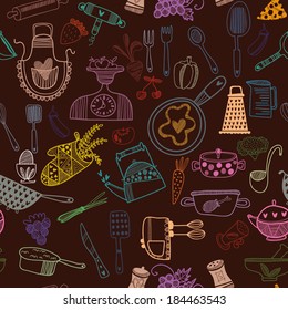 Seamless vector pattern. Kitchen/food background Cartoon background. Can be used for wallpaper, pattern fills, web page background,surface textures
