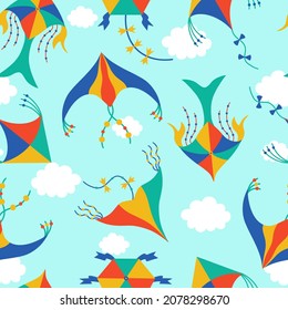 Seamless vector pattern with kites. Hand-drawn color doodle. Paper toys decorated with ribbons, beads, bows. Festive elements in the sky with clouds. Background for textile, fabric, printing, web.