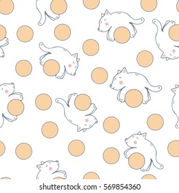 Seamless vector pattern with kitten and ball. Perfect for wrapping paper, wallpaper, repeating elements, vintage design, notebook cover, fabric clothes design.