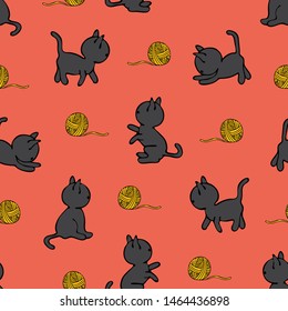 Seamless vector pattern with kittens and yarn ball on pink background. Cute animal wallpaper design with cats. Childlike fashion textile.