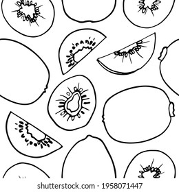 Seamless vector pattern with kiwi on a white background. Doodle fruits. For wallpaper, wrapping paper, textile, postcards, web page background, interior decor, menu. Cartoon design.