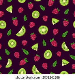 Seamless vector pattern of kiwi and raspberries. Decoration print for wrapping, wallpaper, fabric, textile.
