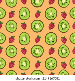 Seamless vector pattern of kiwi and raspberries. Decoration print for wrapping, wallpaper, fabric, textile.