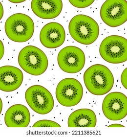 Seamless vector pattern with kiwi slice on white background. Fresh green kiwi with seed. Hand drawn vector fruit illustration. For textiles, clothing, bed linen, office supplies.