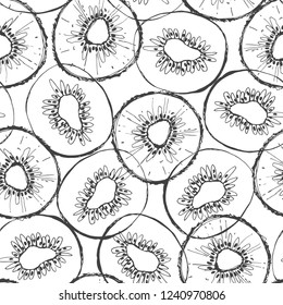 Seamless vector pattern with kiwi slices on white background. Fruit texture. Vector monochrome  illustration. Sketch.