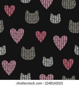 Seamless vector pattern with knitted cats heads and hearts. Baby print