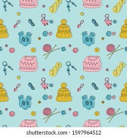 Seamless vector pattern of knitted clothes and knitting tools - sweater, yarn, hat, needles, mittens in line style and trendy colors. Print for textile, cards, project bags
