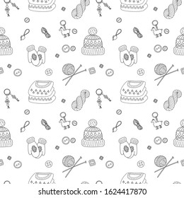 Seamless vector pattern of knitted clothes and knitting tools in black and white - sweater, yarn, hat, needles, mittens in line style. Print for textile, cards, project bags