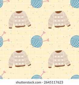 Seamless vector pattern Knitted homewear, sweater and wool accessories in a soft, autumn-themed pattern. Perfect for hygge-inspired fabric, wallpaper, textile prints.