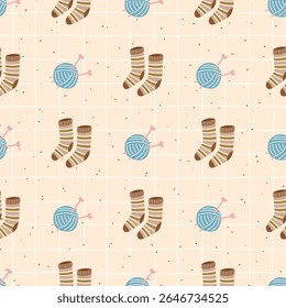Seamless vector pattern Knitted homewear, socks and wool accessories in a soft, autumn-themed pattern. Perfect for hygge-inspired fabric, wallpaper, textile prints.