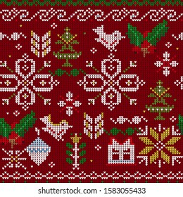 Seamless vector pattern with knitted snowflakes and Christmas decorations on red background