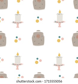 Seamless vector pattern. Knitted sweater, candle, design elements. Suitable for poster, textile, wrapping paper, fabric.