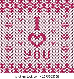 Seamless vector pattern: knitted texture of white and pink loops with the words I Love You 