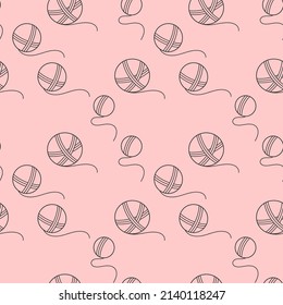 Seamless vector pattern with knitting yarn on pink background. 