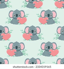 Seamless vector pattern with a koala hugging a heart in a minimalist style in bright colors for a print on clothes, a t-shirt, a website background, a texture, a textile, a pet store, a pet mark