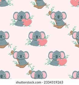 Nahtlose Vektormuster mit Koala-Umarmungen in minimalistischem Stil in hellen Farben für einen Druck auf Kleidung, ein T-Shirt, ein Website-Hintergrund, eine Textur, ein Textil, ein Heimtierladen, ein Haustierzeichen