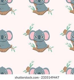 Seamless vector pattern with a koala hugging a eucalyptus in a minimalist style in bright colors for a print on clothes, a t-shirt, a website background, a texture, a textile, a pet store, a pet mark