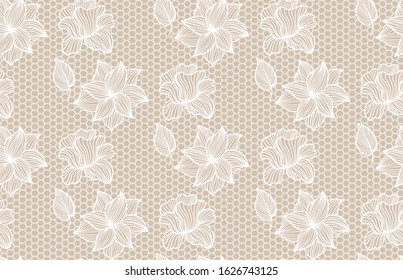 seamless vector pattern lace with big flowers white on beige