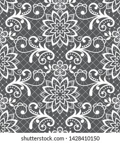 Seamless vector pattern - lace design with flowers and swirls, detailed ornament in white on gray background. 
Beautiful wedding lace decoration, vintage textile background with repetitive graphics 