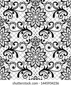 Seamless vector pattern - lace design with flowers and swirls, detailed ornament in black on white background. Beautiful wedding lace decoration, vintage textile background with monochrome art