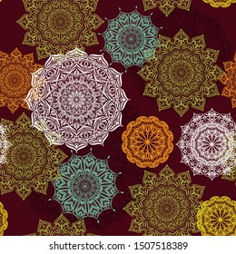 Seamless vector pattern with lace mandalas on a red background.