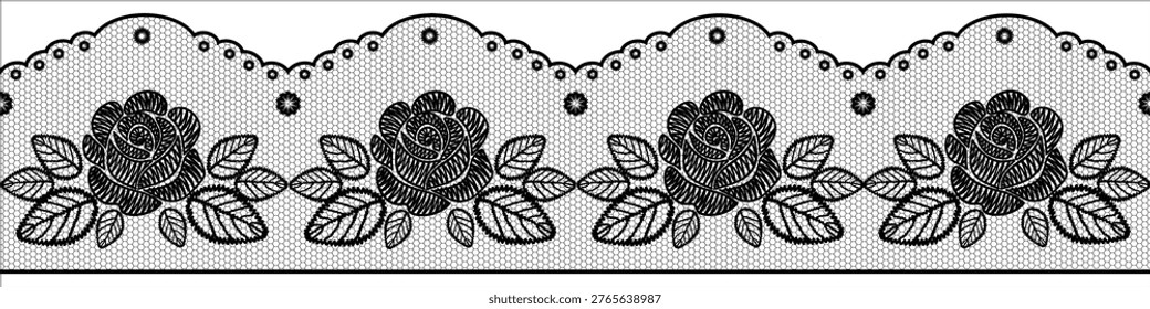 Seamless vector pattern of lace ribbon on mesh fabric with rose flowers and leaves. Delicate decorative lace trim with an elegant ribbon ornament. Vintage style pattern suitable for fabrics, lingerie designs, wedding invitations, and packaging.