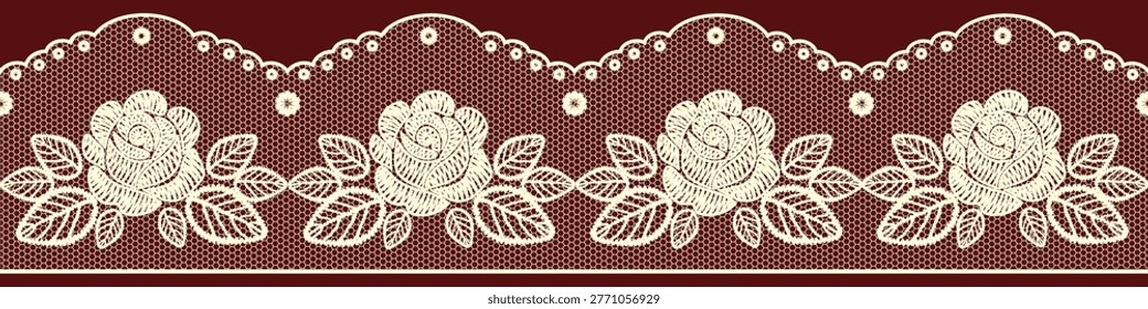 Seamless vector pattern of lace ribbon on mesh fabric with rose flowers and leaves. Delicate decorative lace trim with an elegant ribbon ornament. Vintage style pattern suitable for fabrics, lingerie designs, wedding invitations, and packaging.