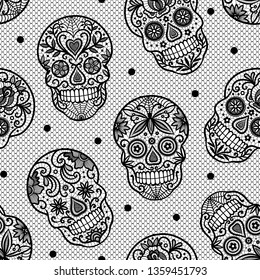 Seamless vector pattern with lace sugar skulls on white background. Perfect for Halloween fabric, wallpaper or wrapping paper design. 