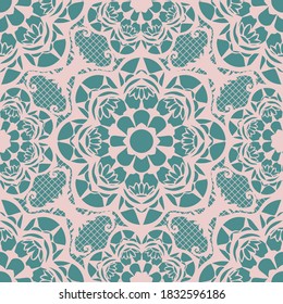 Seamless vector pattern with lace texture on blue background. Gentle embroidery wallpaper design. Moroccan fashion textile.