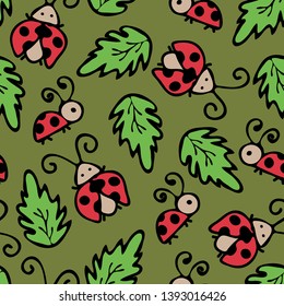 Seamless vector pattern with ladybirds on green background. Hand drawn ladybug wallpaper design with leaves. Cute bug fashion textile.