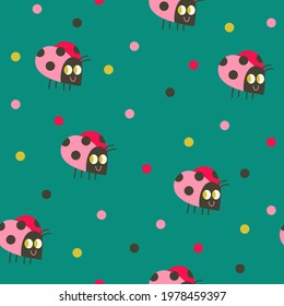 Seamless vector pattern with ladybugs and dots on the green background. Fun colorful pattern for kids. Cute ladybirds background.