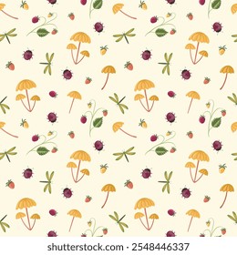 A seamless vector pattern with ladybugs, dragonflies, mushrooms, and strawberries on a yellow background. Perfect for fabric, wallpaper, and children's stationery. Ideal for playful designs.