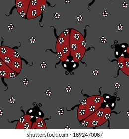 Seamless vector pattern with ladybugs on grey background. Simple hand drawn ladybird wallpaper design with flowers. Decorative fashion textile.