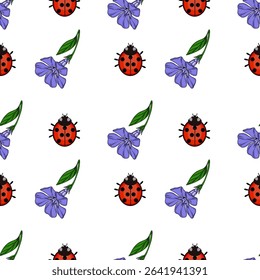 Seamless vector pattern of ladybugs and periwinkle flowers, a charming design featuring vibrant red and purple hues, ideal for textile prints or spring-themed projects.