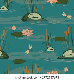 Seamless vector pattern with lake landscape on blue background. Waterlily and dragonfly wallpaper design. Calm water fashion textile.