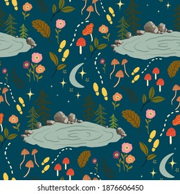 seamless vector pattern of a lake scene with flowers and mushrooms arranged in a half drop repeat on a blue background