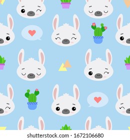 Seamless vector pattern with lamps, cacti and various elements. Cute emotional alpacas on a blue background. For printing on fabric, Wallpaper, and children 's products.