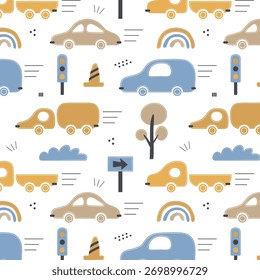 Seamless vector pattern landscape elements for decorating children's maps, rooms, and art posters on a white background.