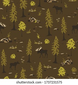 Seamless vector pattern landscape with moose and trees on brown background. Canadian forest wallpaper design.