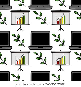 Seamless vector pattern of laptops, flip charts with growth graphs, and green leaves, illustrating a modern office concept with nature elements.