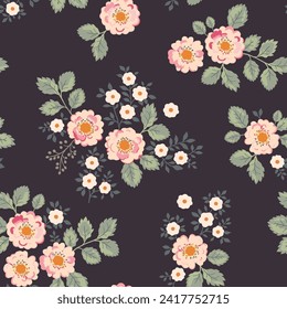 Seamless vector pattern with large bouquets of bright flowers in vintage style on a dark background. Pale pink roses, yellow flowers and green leaves.