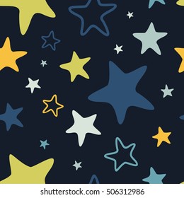 Seamless vector pattern with large colored stars of various sizes on dark background. Childish background for postcards, wallpaper, papers, textiles, bed linen, tissue 2.1