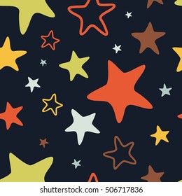 Seamless vector pattern with large colored stars of various sizes on dark background. Childish background for postcards, wallpaper, papers, textiles, bed linen, tissue 1.1