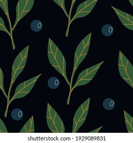 Seamless vector pattern with large green branches and blueberries on a black background. 