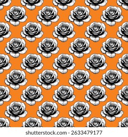 Seamless vector pattern with large painted black and white rose buds on a bright orange background. Stylish floral design for textiles, fabrics, wallpapers, paper and other surfaces.