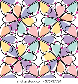 Seamless vector pattern. Large print: flowers on white background. Violet, blue, orange, yellow, pink pastel colors. Abstract design. Flat simple minimalistic style